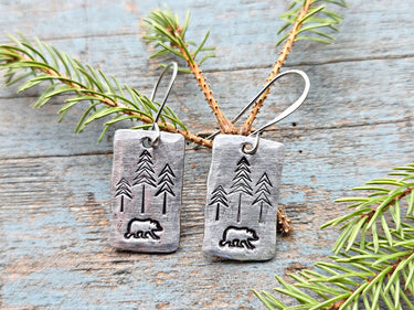 Bear Earrings, Hand-Stamped Pewter