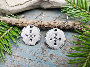 Compass Earrings, Hand-Stamped Pewter